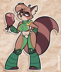 anthro breasts brown_body clothing eating eyebrows eyelashes facial_markings female food green_eyes head_markings markings mask_(marking) meat midriff navel solo tan_body psicoyote mammal procyonid raccoon 2026 absurd_res hi_res