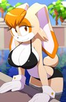 anthro big_breasts bikini breasts clothed clothing eyelashes female gloves hair handwear looking_at_viewer orange_hair outside smile solo swimming_pool swimwear two-piece_swimsuit water white_clothing white_gloves white_handwear kojiro-brushard sega sonic_the_hedgehog_(series) vanilla_the_rabbit lagomorph leporid mammal rabbit absurd_res hi_res