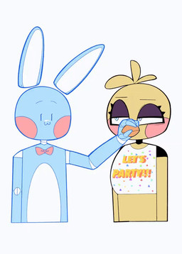 :3 anthro beak black_neck black_sclera blue_body blue_ears blue_eyes bow_tie countershade_torso countershading duo eyelashes female female_anthro fingers half-closed_eyes holding_beak holding_body_parts looking_at_another machine male male_anthro narrowed_eyes orange_beak orange_text pink_cheeks pupils purple_eyelids red_bow_tie red_cheeks simple_background simple_eyes simple_face text text_on_bib vertical_bar_eyes white_background white_bib white_body white_countershading white_eyes white_inner_ear white_neck white_sclera yellow_body hss_dada five_nights_at_freddy's five_nights_at_freddy's_2 scottgames toy_bonnie_(fnaf) toy_chica_(fnaf) animatronic avian bird chicken galliform lagomorph leporid mammal phasianid rabbit robot robot_anthro 2025 2_frame_animation 2d_animation animated digital_media_(artwork) english_text