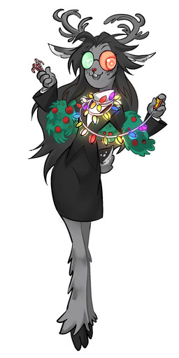 anthro antlers black_hair bottomwear buckteeth business_suit candy candy_cane christmas_decorations christmas_lights clothing deer_ears dessert female food fusion hair holly_(plant) hooves horn long_hair pencil_skirt plant red_nose scut_tail short_tail skirt solo suit tail teeth unknown_artist deltarune undertale_(series) fan_character noelle_holiday spamelle spamton_g._spamton deer mammal new_world_deer reindeer hi_res