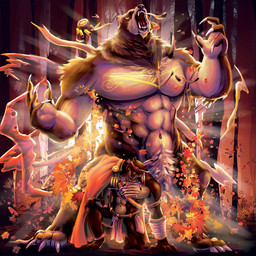 abs anthro belt biped bite bite_mark brown_body brown_fur clothed clothing crotch_tuft detailed_background ear_scar facial_scar fantasy fur glowing hunter kneeling male male_anthro mature_male muscular muscular_anthro muscular_male nude open_mouth personality_change scar scars_all_over smash_cut solo tail time_skip tongue transformation tuft lycanimation bear mammal werecreature wereursid 1:1