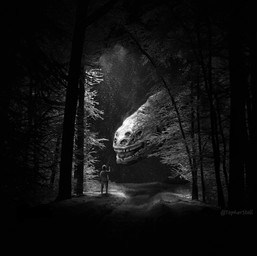 ambiguous_form ambiguous_gender contiguous_snout detailed_background duo exposed_teeth forest forest_background front_view night open_mouth outside plant rear_view road snout snow teeth text tree christopher_stoll human mammal monster 2023 digital_drawing_(artwork) digital_media_(artwork) english_text greyscale hi_res monochrome