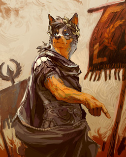 anthro armor black_nose blue_eyes eyebrows fur gesture gloves_(marking) grey_body grey_fur grey_hair hair hand_gesture laurel_wreath looking_aside male markings orange_body orange_eyebrows orange_fur pointing roman short_hair solo standing shanikafaceless rhodie_(rhodysia) australian_cattle_dog canid canine canis cattledog domestic_dog herding_dog mammal pastoral_dog 4:5 absurd_res hi_res