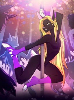4_toes 5_fingers andromorph anthro black_body black_fur blonde_hair crowd dancing feet fingers fur group hair intersex leg_around_pole long_hair looking_at_viewer pawpads pole pole_dancing short_tail smile tail toes yellow_eyes lotusgarden lagomorph leporid mammal rabbit 2020 hi_res