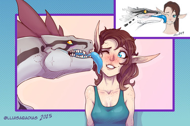 anthro blue_clothing blue_gums blue_shirt blue_tank_top blue_tongue blue_topwear blush brown_hair cheek_lick clothed clothed_female clothed_humanoid clothing collarbone duo face_lick female forked_tongue gums hair interspecies licking male neck_scar shirt smile tan_body tan_skin tank_top tongue tongue_out topwear lluisabadias dungeons_and_dragons hasbro wizards_of_the_coast yu'hiss humanoid lizardfolk_(dnd) lizardman scalie 2025 absurd_res colored digital_drawing_(artwork) digital_media_(artwork) english_description hi_res redraw