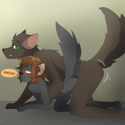 all_fours anthro anthro_on_anthro awoo biped black_nose bodily_fluids breasts brown_body brown_fur brown_hair duo female fur green_eyes grey_body grey_fur hair handpaw kneeling looking_at_another looking_at_partner looking_pleasured male male/female motion_lines nude nude_anthro nude_female nude_male paws pink_inner_ear raised_tail sex side_view sitting sitting_on_ground snout speech_bubble spread_legs spreading tail text yellow_eyes frankenjade mythology sam_(frankenjade) canid canine canis mammal mythological_canine mythological_creature werecanid werecanine werecreature werewolf wolf 1:1 2023 colored english_text hi_res shaded story story_in_description