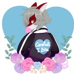 anthro blowing_bubble_gum bubble bubble_gum candy clothing dessert flower food gum heart_clothing heart_hoodie heart_print heart_symbol heart_topwear hoodie inflating looking_at_viewer looking_back looking_back_at_viewer plant print_clothing print_hoodie print_topwear solo text text_in_heart text_on_clothing text_on_hoodie text_on_topwear text_print topwear lawychan shizuko_izumi canid canine canis fish hybrid mammal marine requiem_shark shark tiger_shark wolf 1:1 english_text half-length_portrait portrait trans_(lore) trans_woman_(lore)