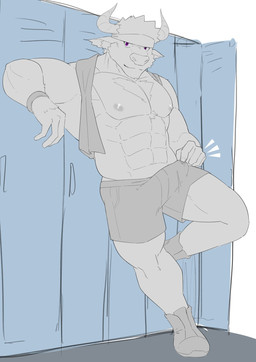 abs accessory anthro biceps bodily_fluids bottomwear clothed clothing erection erection_under_clothing genital_fluids headband horn leaning_on_object locker locker_room male muscular muscular_anthro muscular_male nipples pecs precum precum_through_clothing shorts solo topless wet wet_clothing eggplant_nacl lifewonders tokyo_afterschool_summoners shennong_(tas) bovid bovine cattle mammal hi_res