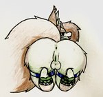 anthro antlers anus ball_gag balls bedroom_eyes brown_body brown_fur butt feet fur gag gagged genitals hair herm horn intersex long_ears looking_at_viewer narrowed_eyes nude pawpads presenting presenting_hindquarters pussy seductive simple_background smile solo tail starrydraco chai_(starrydraco) mammal therrigon absurd_res hi_res traditional_media_(artwork)