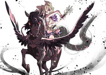 ambiguous_feral ambiguous_gender bare_shoulders black_boots black_clothing black_footwear black_mane blonde_hair boots bottomwear bridle brown_body chest_wraps clothed clothed_female clothed_human clothing duo feathered_wings feathers female female_human feral feralized footwear grin hair hooves looking_at_viewer mane melee_weapon purple_bottomwear purple_clothing purple_skirt quadruped reins riding saddle scabbard shoes short_hair skirt sleeveless_clothing smile stirrups sword weapon wings wraps yellow_eyes kawayabug mythology touhou saki_kurokoma toyosatomimi_no_miko equid equine human mammal mythological_creature mythological_equine pegasus 2020 hi_res female_(lore)