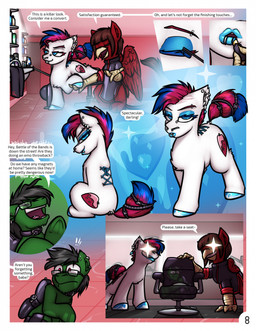 applying_lipstick applying_makeup back_piercing barber_chair black_hair blue_eyeshadow blue_hair blue_lips blue_lipstick blue_tail clothing collar cutie_mark dialogue ear_piercing exclamation_point eyebrow_piercing eyebrows eyeshadow eyewear facial_piercing female feral fur glasses green_body green_fur group hair lip_piercing lips lipstick makeup male multicolored_hair personal_grooming piercing red_body red_fur red_hair red_tail reflection sparkles sparkling_eyes tail text tongue tongue_piercing trio two_tone_hair white_body white_fur wings wings_tied krd hasbro my_little_pony mythology clipped_wings_(oc) dominique_(shm128iii) fan_character tight_fit_(oc) avian earth_pony equid equine gryphon horse mammal mythological_avian mythological_creature mythological_equine pegasus pony comic english_text hi_res