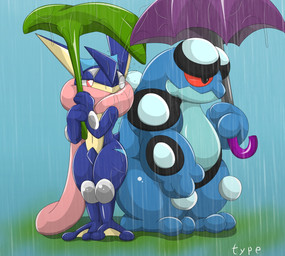 ambiguous_gender anthro duo long_tongue navel one_eye_closed raining sign tongue umbrella wet type nintendo pokemon generation_5_pokemon generation_6_pokemon greninja pokemon_(species) seismitoad 2015 hi_res
