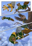 2022 5_fingers ambiguous_gender anthro attack avian biped bird bjekkergauken blue_sky brown_body brown_feathers brown_fur brown_tail clothing colored comic day duo english_text feathers feet fight fingers flying fur green_clothing gulonine hi_res male mammal marten mustelid musteline outside pine_marten plant shirin_(bjekkergauken) sky snow tail talons text toes tree wings