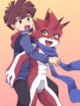 anthro brown_hair carrying_another claws clothing codpiece duo hair hoodie horn male piggyback red_body scarf topwear yellow_eyes mstdndkkkkk bandai_namco digimon digimon_ghost_game hiro_amanokawa betelgammamon digimon_(species) human mammal 3:4 hi_res