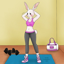 anthro athletic_wear bodily_fluids clothing exercise female footwear gym inside shoes sneakers solo sweat workout yoga_mat hatakeclarissarts beastars haru_(beastars) domestic_rabbit dwarf_rabbit lagomorph leporid mammal oryctolagus rabbit 1:1 digital_drawing_(artwork) digital_media_(artwork)