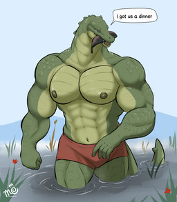 abs anthro biceps clothed clothing countershade_torso countershading fish_in_mouth green_body green_scales grey_eyes looking_at_viewer male muscular muscular_anthro muscular_arms muscular_male navel nipples non-mammal_navel non-mammal_nipples outside pantsless partially_submerged pecs red_clothing red_underwear scales sky small_head solo speech_bubble submerged_legs swamp topless underwear underwear_only senimentari alligator alligatorid crocodilian reptile scalie digital_media_(artwork) hi_res signature