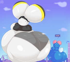 air_inflation anthro belly belly_inflation big_belly big_butt black_hair bottomwear butt butt_expansion city cityscape clothing comparing dialogue duo expansion hair head_inflation hoodie huge_belly huge_butt hyper hyper_belly hyper_butt hyper_inflation inflation macro male pants size_difference size_tiering sweatpants topwear addde herry_(addde) seth_(makooti) lagomorph leporid mammal rabbit hi_res