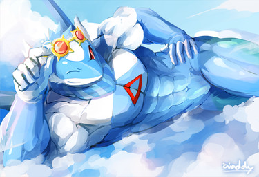 5_fingers abs anthro anthrofied detailed_background eyewear featureless_crotch fingers glasses looking_at_viewer lying male muscular muscular_anthro muscular_male on_side pecs pokemorph red_eyes smile solo waddledox nintendo pokemon generation_3_pokemon latios legendary_pokemon pokemon_(species) 2019 digital_media_(artwork)