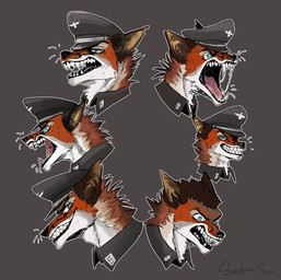 blue_eyes brown_hair clothing evil_face evil_grin fangs fur grey_cap grey_clothing grey_shirt grey_topwear hair male multicolored_body multicolored_fur nazi nazi_uniform open_mouth red_body red_fur shirt smile solo sticker sticker_pack teeth topwear rayphill canid canine fox mammal red_fox true_fox