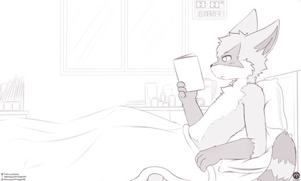 ambiguous_gender anthro bed bedding blanket book clock furniture lying pillow reading solo text window senz ancesra_(ancesra) mammal procyonid raccoon absurd_res hi_res url