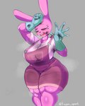 anthro big_breasts bodily_fluids breasts female grey_background pink_body simple_background solo sweat thick_thighs kappa_spark wow!_wow!_wubbzy! widget lagomorph leporid mammal rabbit 4:5 hi_res