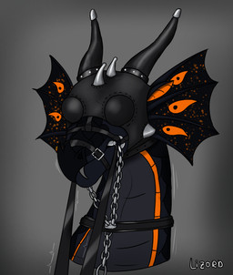 accessory ambiguous_gender bdsm bit_gag black_body black_scales blindfold bondage bound bridle chain chain_leash collar ear_frill falconry_hood feral forced frill_(anatomy) furgonomics gag halter hood horn horn_accessory horn_cap leash leash_pull leashed_collar leather muzzle_(object) muzzled orange_body orange_scales petplay ponyplay rein_pull reins restraints roleplay scales simple_background solo spikes straps lizord mythology wings_of_fire quasar_(lizord) dragon hybrid mythological_creature mythological_scalie nightwing_(wof) rainwing_(wof) scalie digital_media_(artwork) headshot_portrait hi_res portrait shaded simple_shading male_(lore)