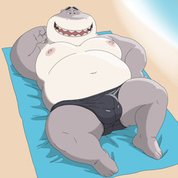 4_toes anthro beach beach_towel black_clothing black_eyebrows black_underwear bulge clothed clothing eyebrows feet grey_body half-closed_eyes lying male narrowed_eyes navel nipple_piercing nipples on_back overweight overweight_anthro overweight_male piercing pink_nipples sharp_teeth shoreline smile solo teeth toes topless topless_anthro topless_male towel underwear underwear_only bobbellyboy dreamworks the_bad_guys mr._shark_(the_bad_guys) fish marine shark 2025 english_description hi_res