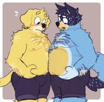 anthro belly_to_belly blue_body blue_fur blush blush_lines clothed clothing flustered flustered_male fur holding_belly male male/male shorts_only slightly_chubby slightly_chubby_anthro slightly_chubby_male solo topless yellow_body yellow_fur mochiskii bluey_(series) bandit_heeler pat_(bluey) australian_cattle_dog bird_dog canid canine canis cattledog domestic_dog herding_dog hunting_dog labrador mammal pastoral_dog retriever hi_res