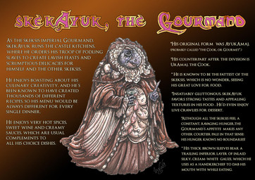 anthro beak clothed clothing elderly fangs fully_clothed gown jewelry multi_limb renaissance_clothing ruff_(clothing) solo speech_bubble teeth text skekla_(artist) the_dark_crystal skekayuk_the_gourmand alien skeksis comic english_description english_text model_sheet signature herm_(lore)