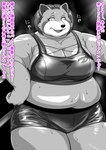 anthro belly big_belly big_breasts bodily_fluids bottomwear breasts clothing dialogue female fighting_ring kemono looking_at_viewer mature_female motion_lines overweight overweight_anthro overweight_female shorts solo sound_effects sweat text thick_thighs wrestling skinaflint ailurid mammal red_panda comic greyscale hi_res japanese_text monochrome translated