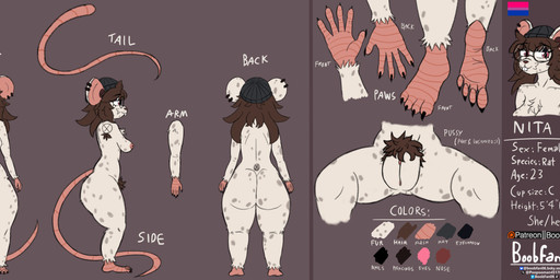 :3 anthro beanie big_butt breasts brown_hair butt claws clothing color_swatch eyewear feet female finger_claws fur genitals glasses hair hat headgear headwear markings medium_breasts messy_hair mouse_ears nipple_piercing nipples nude nude_female piercing pigtails pink_eyes plump_labia pride_color_flag pronouns pubes rat_tail round_glasses shortstack simple_background solo spiky_hair spots spotted_body spotted_fur tail text thick_thighs vulva wearing_glasses white_body white_fur wide_hips boobfan06 nita_(boobfan06) mammal murid murine rat rodent 2025 artist_name english_text flat_colors hi_res model_sheet