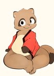 anthro brown_body brown_fur clothed clothing fur kemono open_clothing open_shirt open_topwear shirt simple_background sitting solo topwear tinntira canid canine mammal raccoon_dog tanuki 2020