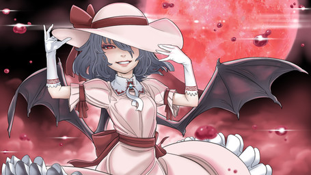 adjusting_clothing adjusting_hat alternative_fashion armwear blood blue_hair bodily_fluids bow_ribbon classic_lolita clothing dress elbow_gloves female frilly frilly_clothing frilly_dress gloves grin hair handwear hat hat_ribbon headgear headwear j-fashion lolita_(fashion) looking_at_viewer membrane_(anatomy) membranous_wings moon one_eye_obstructed pink_clothing pink_dress pink_hat pink_headwear pink_sun_hat pupils red_bow red_eyes red_moon red_ribbon ribbons slit_pupils smile solo sun_hat waist_bow white_armwear white_clothing white_elbow_gloves white_gloves white_handwear wings kawayabug touhou remilia_scarlet humanoid vampire winged_humanoid 16:9 2018 hi_res widescreen