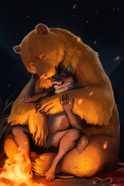 anthro brown_body brown_fur campfire claws duo eyes_closed feral finger_claws fur hug hugging_another hugging_from_behind leg_scar male male/male night nude nude_male on_lap outside scar sitting sitting_on_lap size_difference sky star starry_sky tail teeth toe_claws yellow_body yellow_fur jamzenn noss_saga banook_(noss_saga) sterjall_(noss_saga) bear canid canine canis mammal wolf absurd_res digital_media_(artwork) hi_res