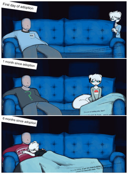anthro bangs bedding black_ribbon blanket bottomless bottomless_anthro bottomless_female caption caption_box clothed clothing cuddling duo eye_bags female female_anthro furniture larger_human larger_male male male/female male_human news news_report shy size_difference smaller_anthro smaller_female sofa text time_lapse time_period watching_television commonbleat casualties:_unknown anon gunsawian human mammal milky_(gunsawian) absurd_res aliasing binary_drawing comic digital_drawing_(artwork) digital_media_(artwork) english_text hi_res