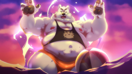 anthro ball beach_ball belly biceps bulge clothing eyebrows fur inflatable male navel nipples overweight pupils shirt slit_pupils solo speedo sunset swimwear tank_top thick_eyebrows topwear white_body white_fur komboochie xxl_woofia paul_the_polar_bear bear mammal polar_bear ursine absurd_res hi_res