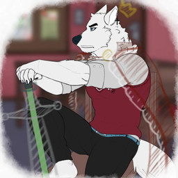 anthro clothing ear_piercing ear_ring facial_hair fur male muscular muscular_anthro muscular_male mustache piercing ring_piercing school school_uniform sitting solo uniform white_body white_fur zordykeaboo home_zomewhere_else fernando_joshua canid canine canis mammal wolf 1:1 hi_res spanish_description