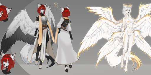 anthro armor breasts clergy cleric clothed clothing divine expressions female fur genitals grey_hair hair halo medium_breasts melee_weapon multicolored_body multicolored_fur nude purple_eyes rapier red_hair solo sword two_tone_body two_tone_fur two_tone_wings vulva weapon wings yellow_eyes khomche hikari_teruki angel canid canine canis fox hybrid mammal seraph_(angel) wolf absurd_res hi_res long_image model_sheet wide_image