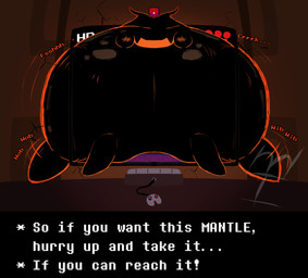 controller dialogue hyper hyper_inflation inflation logo onomatopoeia open_mouth orange_mouth orange_outline outline sound_effects teeth text imhiddenhare deltarune undertale_(series) shadow_mantle_(deltarune) 2025 artist_logo english_text hi_res