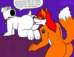 all_fours anal anthro bed butt dialogue duo fur furniture licking looking_at_another looking_at_partner male male/male male_rimmed male_rimming_male oral orange_body orange_fur raised_tail rimming rimming_male sex speech_bubble tail text tongue tongue_out white_body white_fur tbfm family_guy blaziefox brian_griffin canid canine canis domestic_dog fox mammal english_text