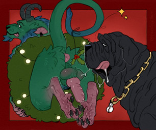 accidental_holly anus black_body black_fur blue_hair bodily_fluids butt chain chain_leash christmas_decorations christmas_lights christmas_ornament christmas_wreath collar dewlap_(anatomy) duo ear_piercing feet feral feral_on_feral floppy_ears fur genitals gold_(metal) gold_jewelry green_body green_fur hair holidays holly_(plant) holly_on_tail horn jewelry leash looking_at_another looking_at_partner looking_at_viewer looking_back looking_pleasured male male/male ornament penis piercing plant presenting presenting_anus presenting_hindquarters raised_tail saliva saliva_on_balls saliva_on_tongue saliva_string simple_background snowman tail talons toes tongue tongue_out trapped wrinkles fernsigillum christmas mythology rex_(kingmastiff30) canid canine canis domestic_dog dragon mammal mastiff molosser mythological_creature mythological_scalie neapolitan_mastiff scalie digital_drawing_(artwork) digital_media_(artwork) hi_res