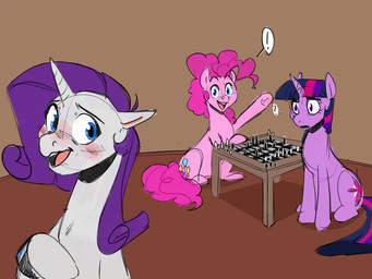 blush chess chessboard exclamation_point female feral gesture group horn purple_horn question_mark trio waving white_horn maxiima friendship_is_magic hasbro my_little_pony mythology pinkie_pie_(mlp) rarity_(mlp) twilight_sparkle_(mlp) earth_pony equid equine horse mammal mythological_creature mythological_equine pony unicorn 4:3