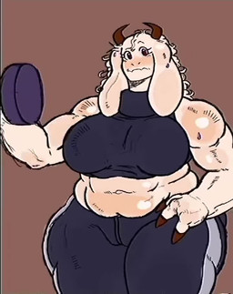 2_horns 3_fingers alternate_costume anthro arms_bent asking asking_another bare_shoulders belly belly_overhang belly_rolls big_breasts biped black_clothing black_crop_top black_eyebrows black_shirt black_topwear bottomwear breasts brown_background brown_claws brown_eyes brown_horn claws clothed clothed_anthro clothed_female clothing crop_top curly_hair curved_horn curvy_figure cute_fangs dialogue dumbbell exercise eyebrows eyelashes fangs female finger_claws fingers floppy_ears fully_clothed fully_clothed_anthro fully_clothed_female fur glistening glistening_arms glistening_body glistening_ears glistening_eyes glistening_fur hair hand_on_hip hand_on_own_hip holding_dumbbell holding_object horn iris legs_together light_body light_fur light_hair long_eyelashes long_hair looking_at_viewer lop_ears mature_anthro mature_female monotone_horn mouth_closed multicolored_bottomwear multicolored_clothing muscular muscular_anthro muscular_arms muscular_female no_pupils open_mouth pants pink_tongue question raised_eyebrow shirt short_horn simple_background slightly_chubby slightly_chubby_anthro slightly_chubby_female small_horn solo sweater talking_to_viewer teeth thick_thighs thin_eyebrows three-quarter_view tongue topwear turtleneck two_tone_bottomwear two_tone_clothing two_tone_pants vhs_filter voluptuous weights white_body white_ears white_fur white_hair white_sclera wide_hips yes-no_question redladyjj undertale_(series) toriel boss_monster_(undertale) bovid caprine goat mammal 2026 animated digital_media_(artwork) short_playtime sound video