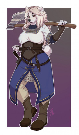 anthro armor axe black_nose boots brown_eyes clothing dagger female footwear fur hair looking_at_viewer melee_weapon shoes solo weapon weapon_on_shoulder white_body white_fur white_hair lavenderpandy anyu_vea bear mammal polar_bear ursine 2020 hi_res