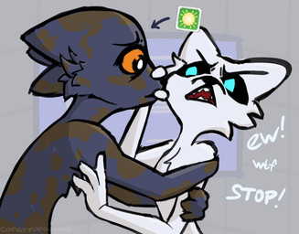 4_fingers affectionate ambiguous/ambiguous ambiguous_gender angry anthro begging_to_stop big_ears black_body black_eyebrows black_eyes black_fur black_nose black_sclera blue_eyes cheek_tuft computer desperation detailed_background disgust duo ears_back ears_up electronics exclamation_point eyebrows facial_tuft fangs fingers fluffy fluffy_chest fur gameplay_mechanics glowing glowing_eyes hand_on_mouth hand_on_snout happy hug humanoid_hands humor kissing love orange_sclera pivoted_ears reaching refusing slim snout snout_grab spacecraft teeth text tuft vehicle white_body white_fur wtf_face canaryarachnid casualties:_unknown canid canine canis expie_(gunsawian) fox gunsawian hybrid mammal milky_(gunsawian) murid murine rat rodent wolf artist_name colored_sketch digital_drawing_(artwork) digital_media_(artwork) english_text sketch watermark