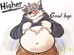 anthro belly blush clothed clothing clothing_lift embarrassed good_boy looking_at_viewer male neck_tuft obese overweight smile solo text tuft bielbunny canid canine fox mammal english_text hi_res