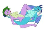 anthro biped blue_body blush breasts duo female female/female genitals membrane_(anatomy) membranous_wings nipples nude purple_body pussy sex simple_background spread_legs spreading thick_thighs tribadism vaginal white_background wings pia-sama friendship_is_magic hasbro my_little_pony mythology princess_ember_(mlp) spike_(mlp) dragon mythological_creature mythological_scalie scalie