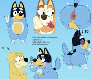 anthro anus balls bedroom_eyes big_balls big_butt black_body black_ears black_eyes black_fur black_nose black_tail blue_body blue_fur blue_tail bodily_fluids brown_body brown_ears brown_fur brown_nose butt cutlery dancing drooling exclamation_point eyebrows eyes_closed female front_view fur genitals gesture grin group half-closed_eyes hands_together happy holding_object holding_spoon kitchen_utensils looking_at_another looking_at_butt male male/female male/male multicolored_body multicolored_fur musical_note musical_symbol narrowed_eyes orange_body orange_fur raised_eyebrow rear_view saliva seductive sitting smile sparkles spoon sweat symbol tail tan_body tan_fur teeth text thick_thighs three-quarter_view tongue tongue_out tools trio two_tone_body two_tone_fur two_tone_tail waving waving_hand yellow_body yellow_ears yellow_fur colossalstars bluey_(series) only_a_spoonful bandit_heeler chilli_heeler pat_(bluey) australian_cattle_dog bird_dog canid canine canis cattledog domestic_dog golden_retriever herding_dog hunting_dog labrador mammal pastoral_dog retriever 2025 digital_media_(artwork) english_text hi_res meme