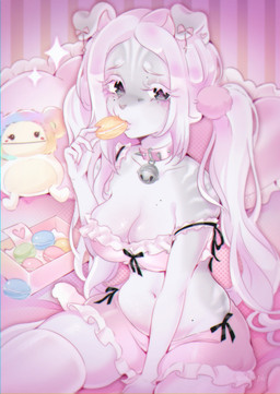 5_fingers anthro bed black_bow blush bottomwear breasts cleavage clothed clothing collar collarbone cookie crop_top ear_piercing eating eyebrows eyelashes female fingers floppy_ears food furniture grey_body grey_eyes hair inside legwear lips long_hair looking_at_viewer macaron_(food) medium_breasts navel on_bed piercing pigtails pillow pink_bottomwear pink_clothing pink_collar pink_crop_top pink_lips pink_pillow pink_shirt pink_shorts pink_topwear shirt shorts sitting solo spiked_collar spikes stockings striped_body stripes thigh_highs topwear twintails_(hairstyle) white_body white_clothing white_eyebrows white_eyelashes white_hair white_legwear white_stockings mokkapie domestic_cat felid feline felis mammal colored digital_drawing_(artwork) digital_media_(artwork) hi_res shaded