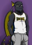 anthro basketball black_body black_scales bottomwear clothed clothing ear_fins fin looking_at_viewer male mario_the_magnificent mascot pants scales shirt solo standing tail tank_top topwear wings arrwulf mythology drexel dragon mythological_creature mythological_scalie scalie